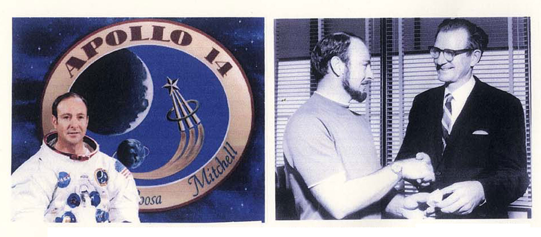 Edgar Mitchell und John Stout bei der Übergabe der ersten Mondbibel