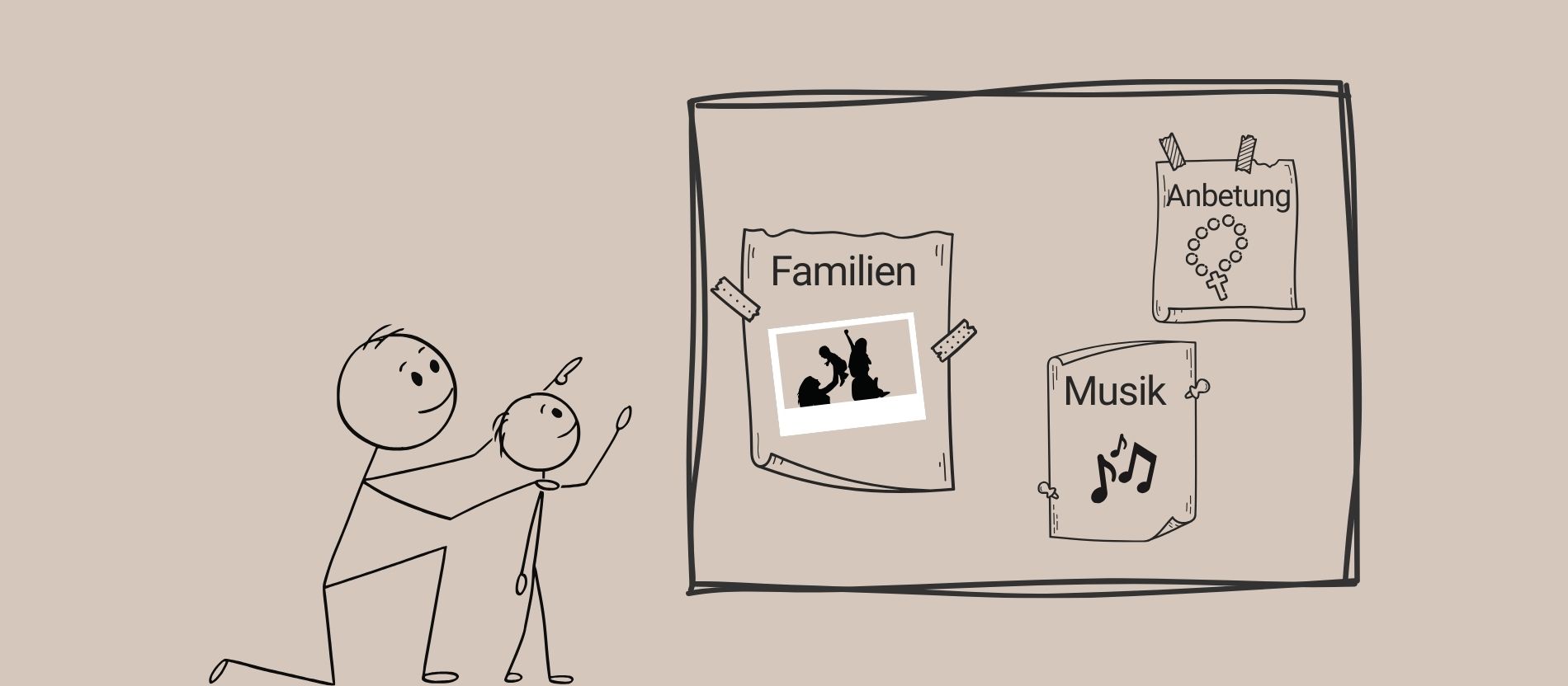 Strichmännchen mit Kind am Schaukasten