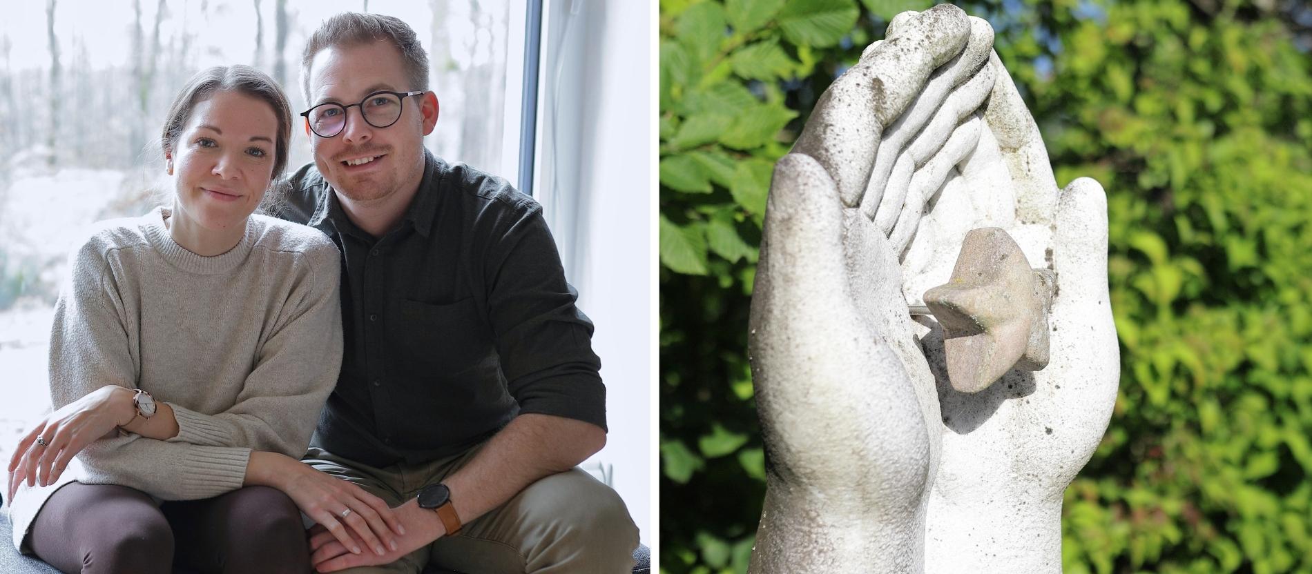 Kathrin und Stefan Theisen (l.); Eine Skulptur auf dem Sternenkinderfeld des Friedhofs in Daun (r.)