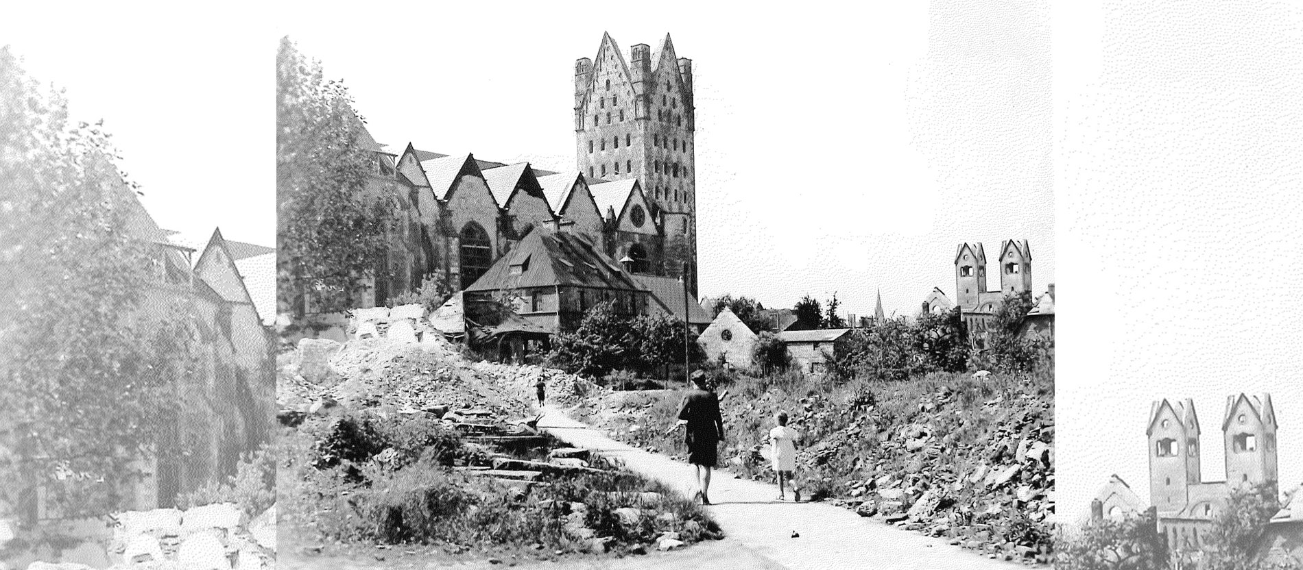 Eine Mutter geht mit ihrem Kind durch die zerstörte Stadt Paderborn, im Hintergrund ragt die Ruine des Domes auf.