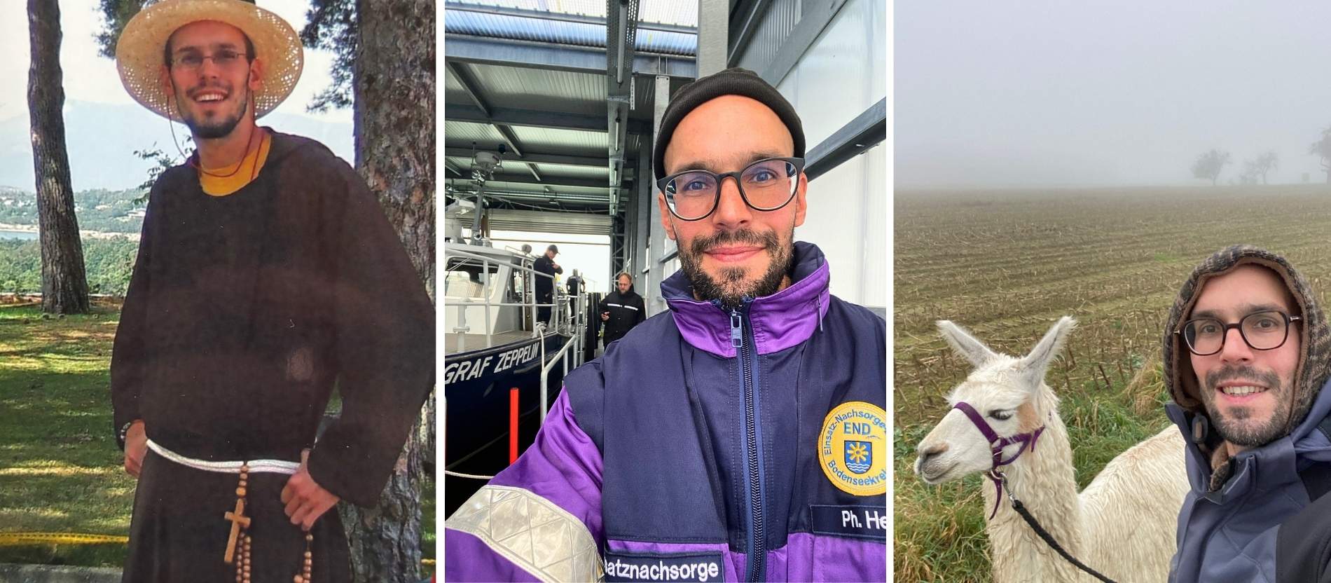 Einblicke in Hegers Leben: als Ordensmann (l.), als Notfallseelsorger (m.), mit einem Lama (r.)