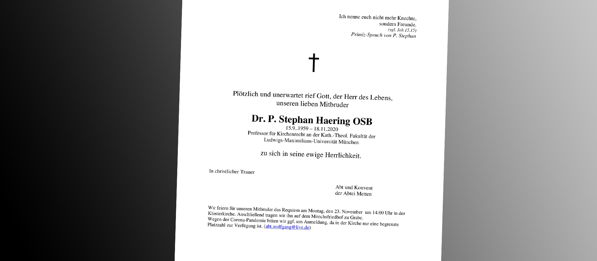 Die Nachricht von Stephan Haerings Abtei über den Tod des Mönchs
