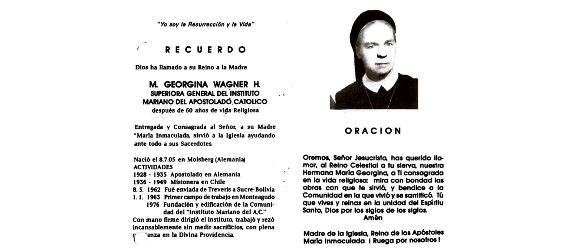 Sterbebild von Sr. Georgina Wagner