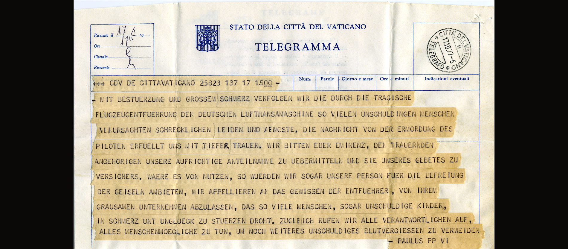 Ein Foto des Papst-Telegramms von 1977 zur Landshut-Entführung.