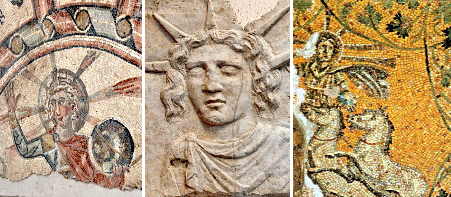 Vergleichsdarstellung des griechischen Sonnengottes Helios, des römischen Sol invictus und von Christus mit Strahlenkranz