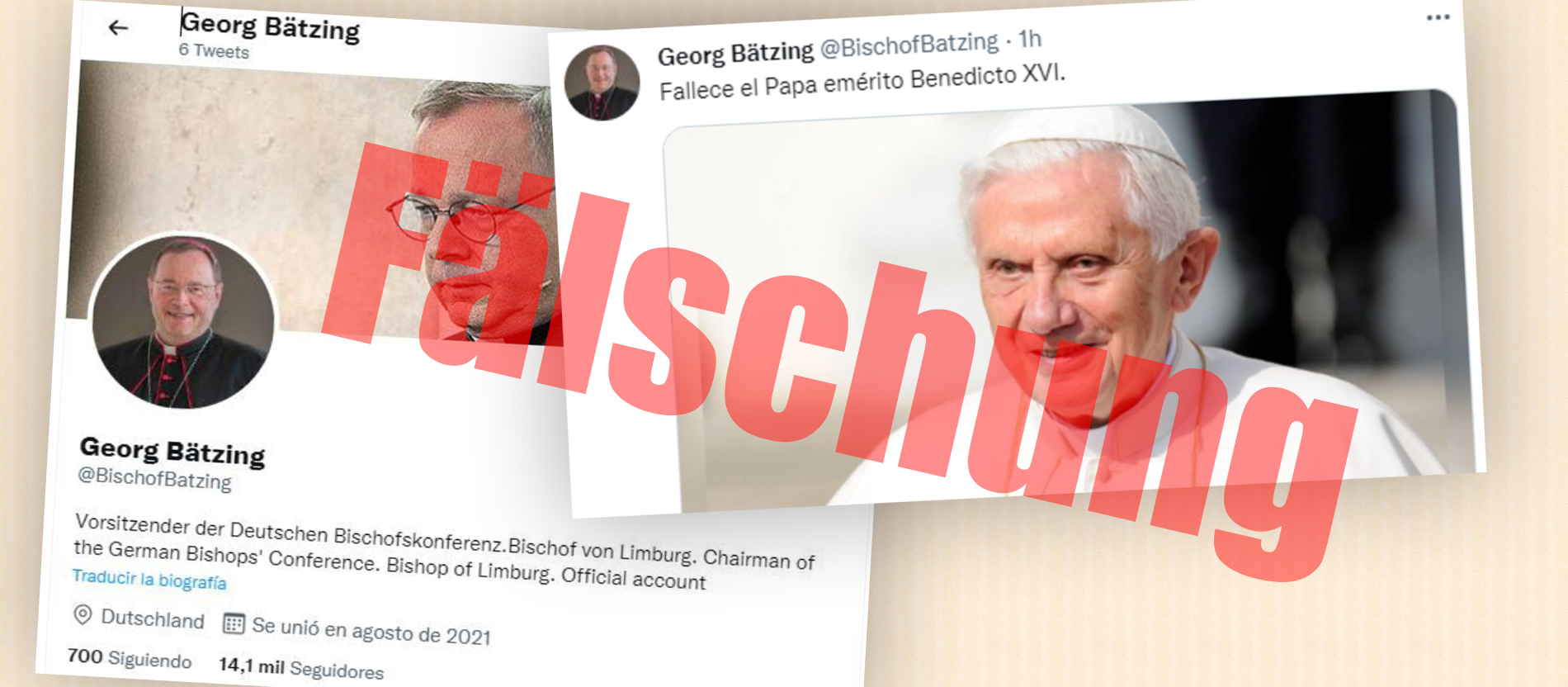 Der gefälschte Twitteraccount von Bischof Bätzing mit der Todesmeldung von Benedikt XVI.: Fallece el Papa emérito Benedeicto XVI.