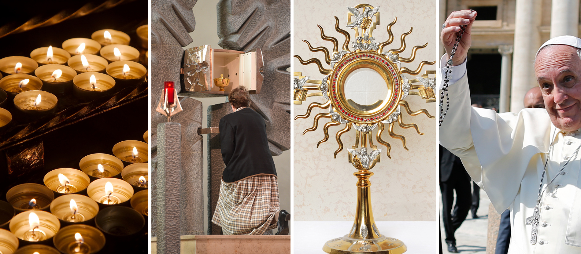 Fotocollage mit typisch katholischen Dingen wie einer Monstranz, Papst Franziskus und einem Rosenkranz