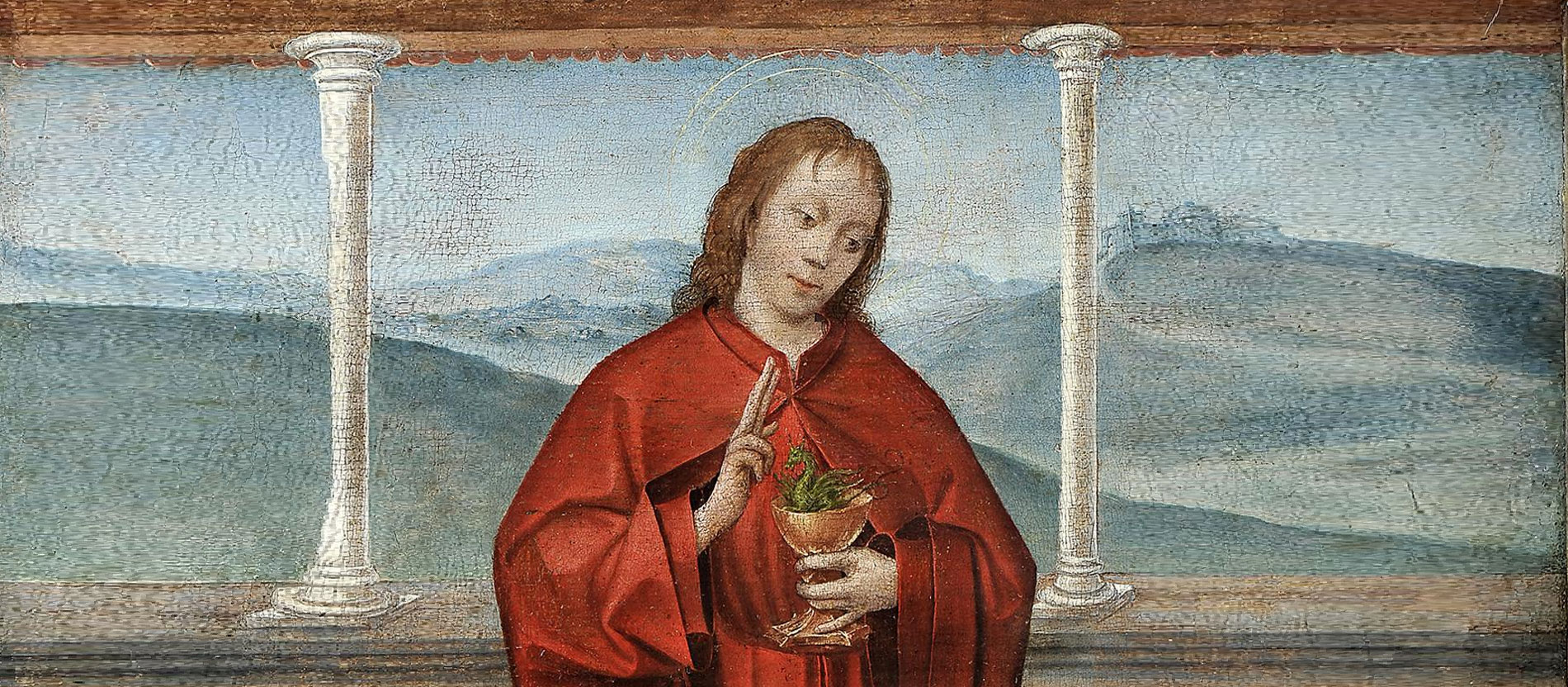 Der portugiesische Maler Frei Carlos stellt im 16. Jahrhundert den Evangelisten Johannes mit dem Kelch dar, aus dem das Gift als Drachen entweicht.